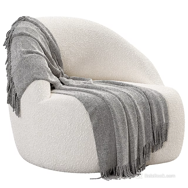 Cozy Plush Cream Boucle Single Sofa For Living Room With Stylish Woven Tassel Throw Blanket 3d model 