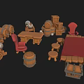 Rustic Medieval Scene Components With Wooden Barrels Table Chairs Stools And Treasure Chest