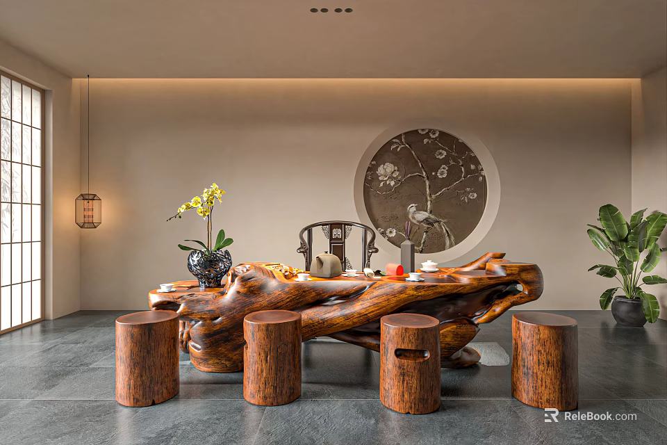 Traditional Root Carving Tea Table with Wooden Stools Tea Sets and Circular Background Decor 3d model 