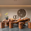 Traditional Root Carving Tea Table with Wooden Stools Tea Sets and Circular Background Decor