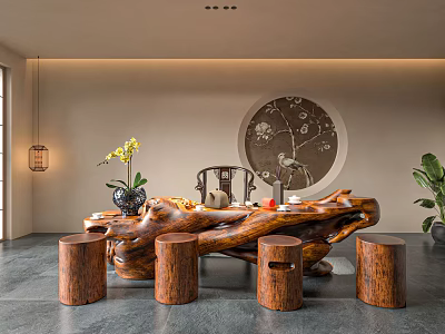 Traditional Root Carving Tea Table with Wooden Stools Tea Sets and Circular Background Decor 3d model