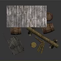 Wood and Stone Rustic Scene with Cabin Stacked Logs Barrels Cart and Stump