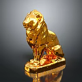 Decorative Golden Lion Statue Sitting Majestically On Shiny Base With Glossy Finish