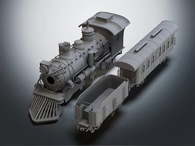 Vintage Steam Train 3D Model with Locomotive Coal Tender and Carriages 3d model