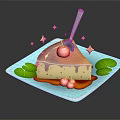 Caramel Cake Topped With Cherry And Sauce On Blue Plate With Green Leaves And Sparkles