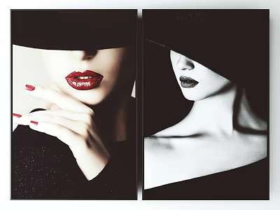 Stylish Female Portrait Paintings With Red Lips Red Nails And Black White Contrast 3d model