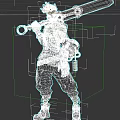 Game Movie Character With White Hair Red Scarf Backpack Green Pants And Large Teal Weapon