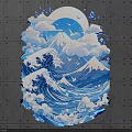 Scenic Photo Spot With Blue Waves Clouds Moon And Mount Fuji On Gray Square Wall