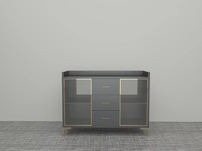 Modern Gray Cabinet With Glass Doors Drawers And Metal Frame On Gray Rug 3d model