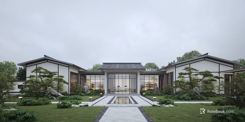 Chinese Style Townhouse Courtyard With Water Feature Modern Glass Windows And Greenery 3d model 