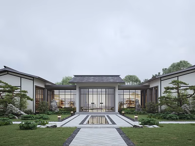 Chinese Style Townhouse Courtyard With Water Feature Modern Glass Windows And Greenery 3d model