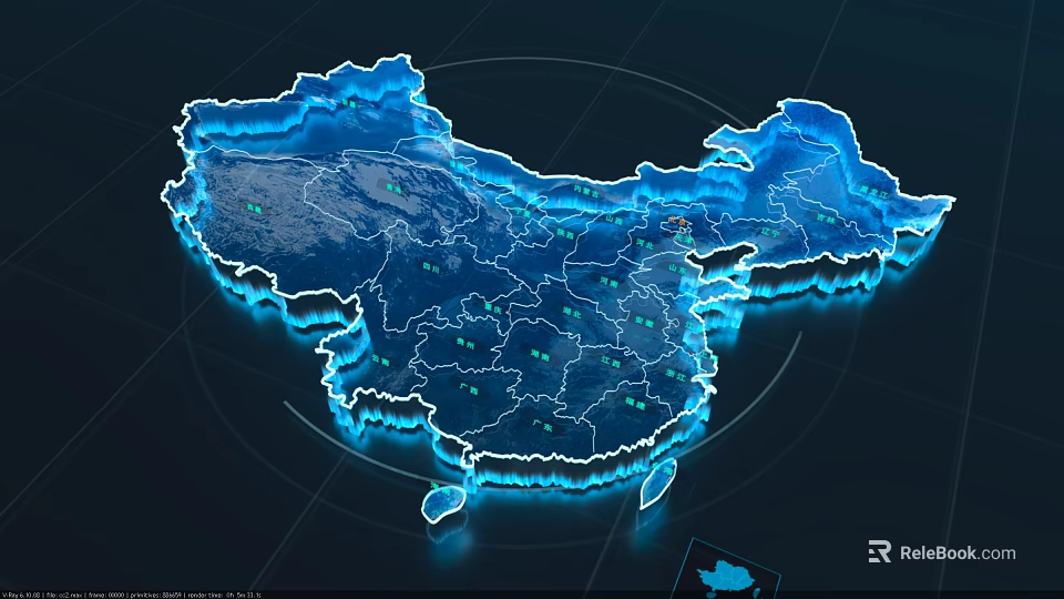 3D China Map Data Visualization With Glowing Blue Outline And Green Markers 3d model