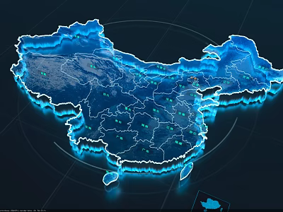 3D China Map Data Visualization With Glowing Blue Outline And Green Markers 3d model