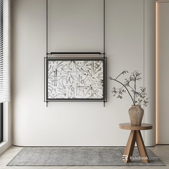Geometric Abstract Painting Hanging On White Wall With Wooden Side Table And Ceramic Vase 3d model 