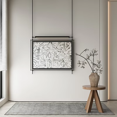 Geometric Abstract Painting Hanging On White Wall With Wooden Side Table And Ceramic Vase 3d model