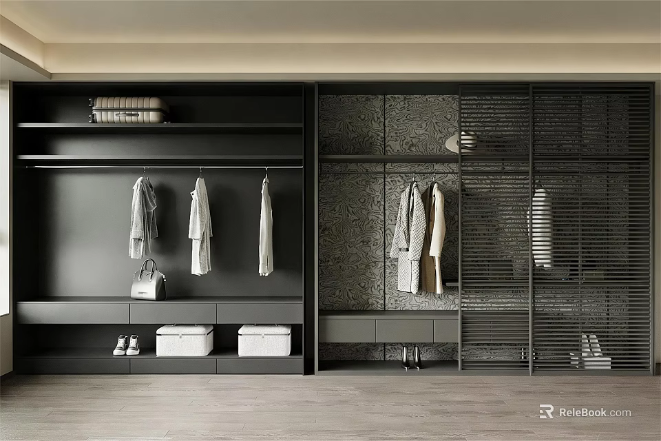 Sleek Modern Wardrobe Design With Open Shelves Hanging Clothes And Drawers 3d model 