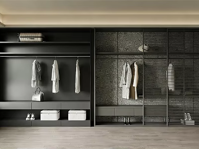 Sleek Modern Wardrobe Design With Open Shelves Hanging Clothes And Drawers 3d model