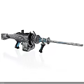 Futuristic Mechanical Weapon with Long Barrel and Circular Components Silver Blue Accents and Complex Structure