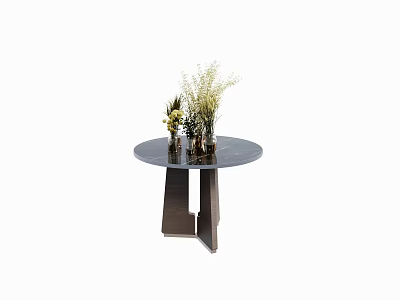Modern Console Table With Round Top Geometric Base And Decorative Vases Plants 3d model