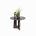 Modern Console Table With Round Top Geometric Base And Decorative Vases Plants 3d model