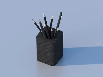 Black Fabric Pencil Holder With Multiple Pencils And Pen On Light Blue Background 3d model