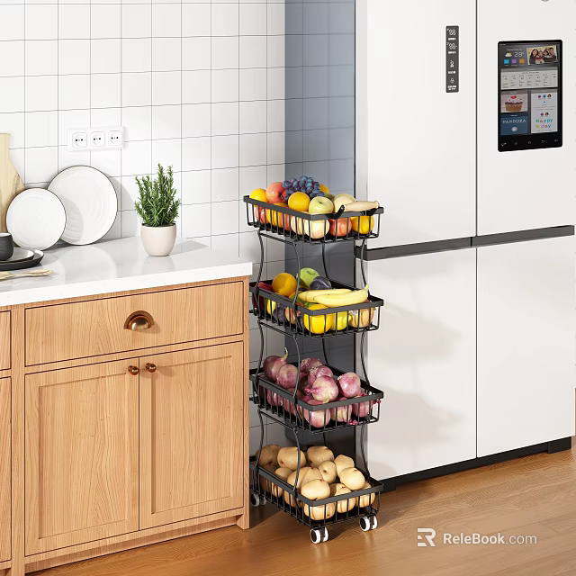 Kitchen Fruit Vegetable Storage Rack With Multi Layer Fresh Produce And Wooden Cabinet 3d model