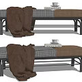 Stylish Modern Sofa Bench With Checkered Fabric Brown Throw Blanket And Metal Legs