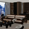 Leather Sofa and Coffee Table Set with Pillows Throw Blanket and City View Window