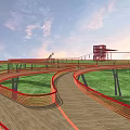 Curved Wooden Walkway With Red Borders On Green Grass Road Infrastructure With Red Tower