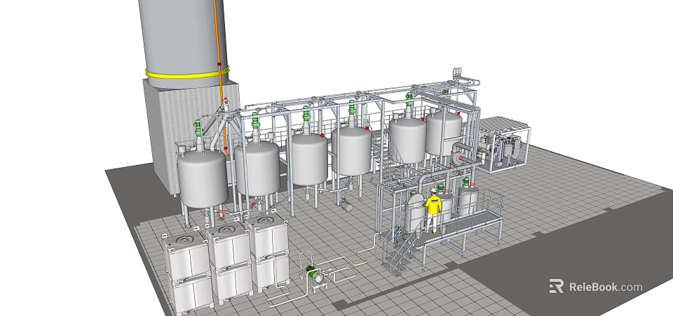 Industrial Equipment Setup With Stainless Steel Tanks Metal Pipes And Control Systems 3d model 