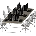 Modern Office Desk Setup With Multiple Computer Monitors And White Chairs 3d model