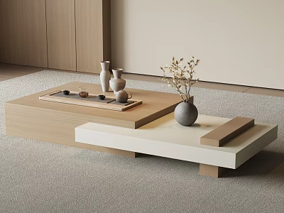 Minimalist Wooden Coffee Table With Light And White Tops Decorative Vase And Tea Set 3d model