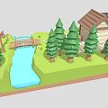 Picturesque Natural Landscape Featuring Log Cabin Wooden Bridge Stream Pine Trees Stone Steps And Grass