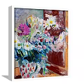 Vibrant Oil Painting of Vase with White Daisies Pink Purple Flowers and Red Strawberry Pattern