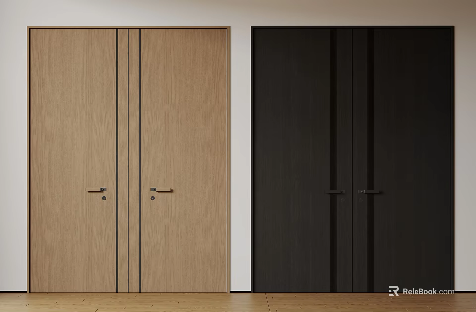 Modern Double Doors Featuring Light Wood And Black Finishes For Interior Design 3d model 