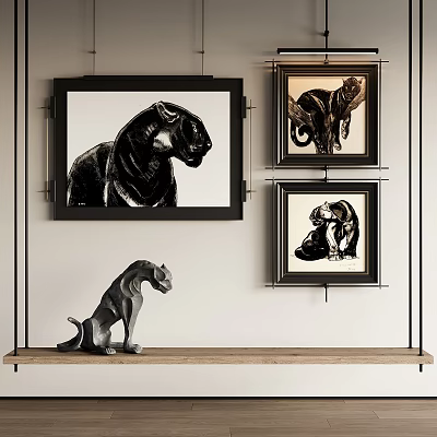 Abstract Paintings Framed Black Panther And Animal Figures On Wall With Wooden Shelf Dog Statue 3d model