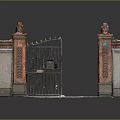 Entry Gate With Wrought Iron And Ornate Red Brick Pillars Number 227 On Stone Ground