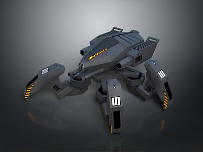 Futuristic Mechanical Spider Robot 3D Model With Gray Body And Yellow Stripes 3d model