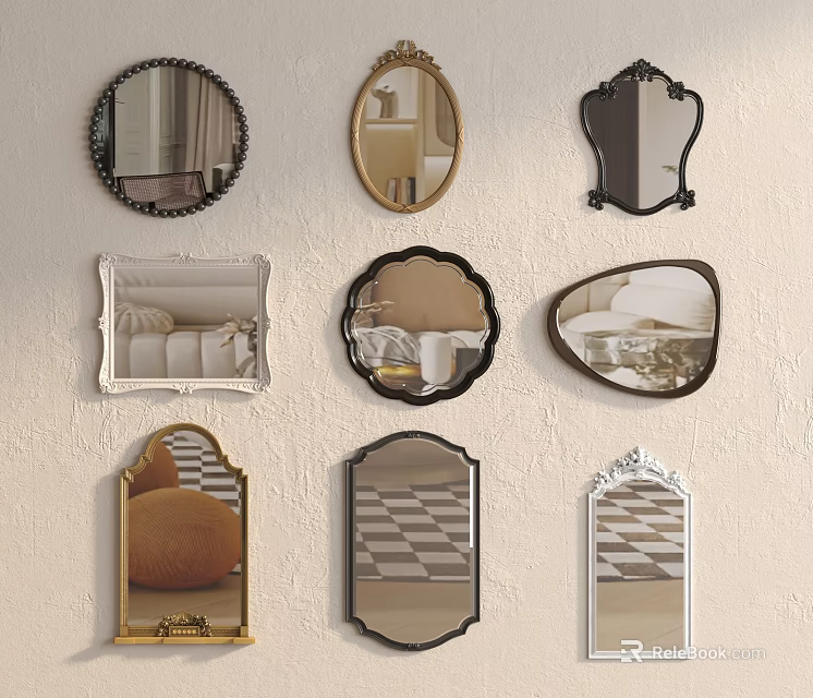 Decorative Mirrors with Arched Oval Rectangular Shapes and Ornate Frame Designs on Wall 3d model
