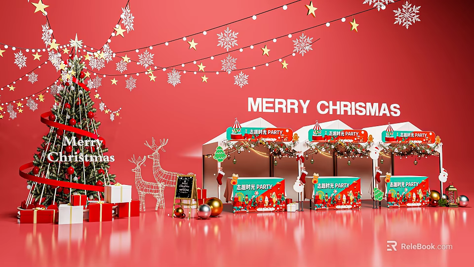 Christmas Photo Spot With Red Background Christmas Tree Reindeer And Market Stalls 3d model 