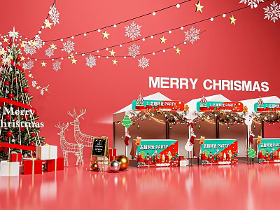Christmas Photo Spot With Red Background Christmas Tree Reindeer And Market Stalls 3d model