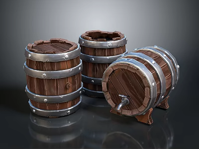 Three Wooden Barrels Featuring Metal Hoops And Tap Faucet Design 3d model