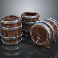Three Wooden Barrels Featuring Metal Hoops And Tap Faucet Design