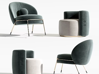 Dark Green Velvet Accent Chair With Curved Design Gold Metal Legs And Ottoman 3d model