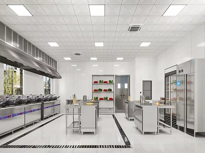 Commercial Kitchen Interior With Stainless Steel Equipment White Tiled Walls Ceiling Lights And Vegetable Racks 3d model