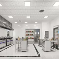 Commercial Kitchen Interior With Stainless Steel Equipment White Tiled Walls Ceiling Lights And Vegetable Racks