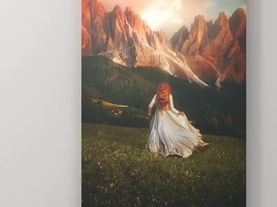 Red Haired Woman In White Dress On Green Meadow With Red Brown Mountains And Sunlight 3d model