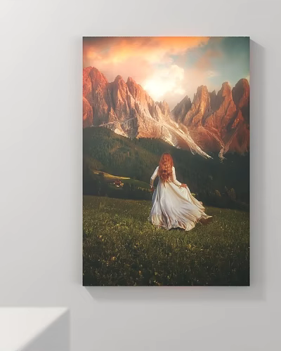 Red Haired Woman In White Dress On Green Meadow With Red Brown Mountains And Sunlight 3d model