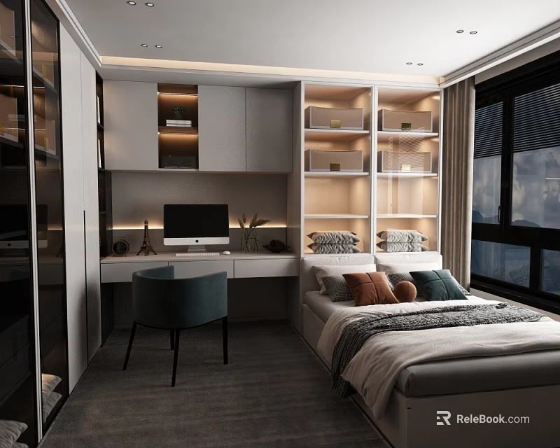 Modern Tatami Bedroom Interior With Tatami Bed Desk Chair And Bookshelves 3d model 