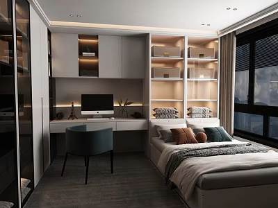 Modern Tatami Bedroom Interior With Tatami Bed Desk Chair And Bookshelves 3d model